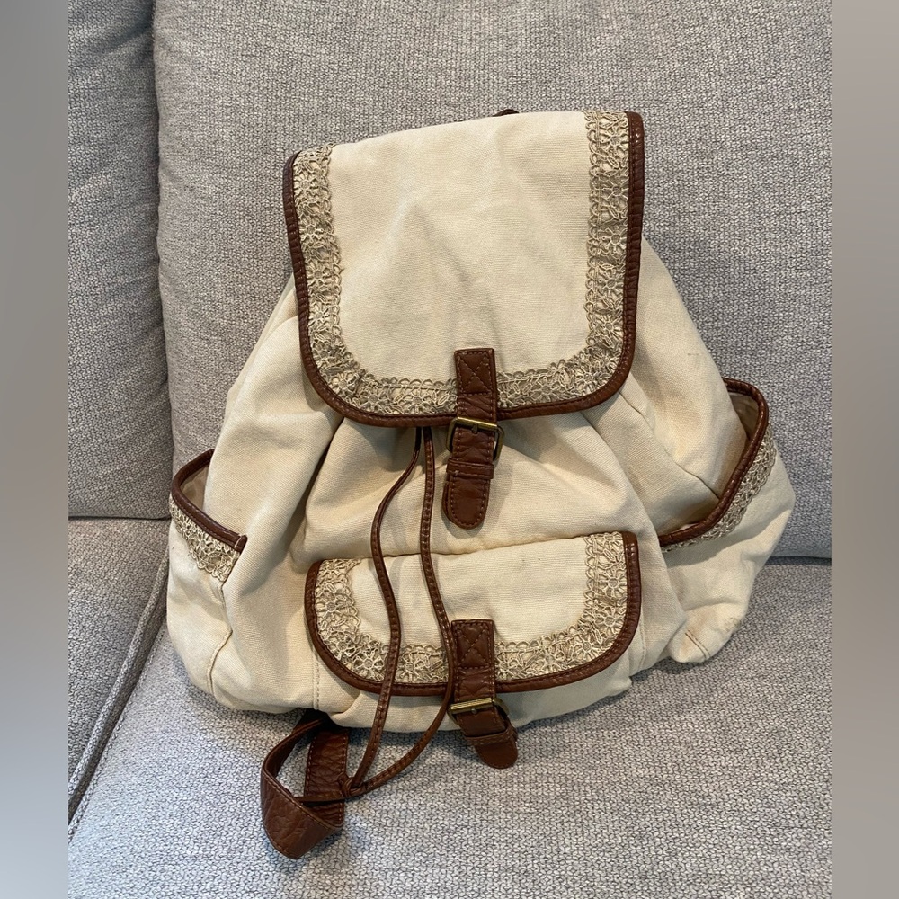 Beautiful Canvas & Brown Leather Backpack